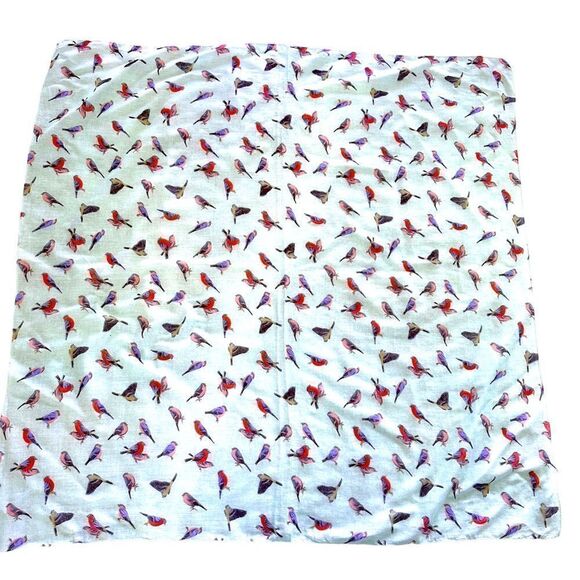 Light green blue bird print sheer cotton scarf Crvillis  Paris 41” Square - Picture 1 of 6